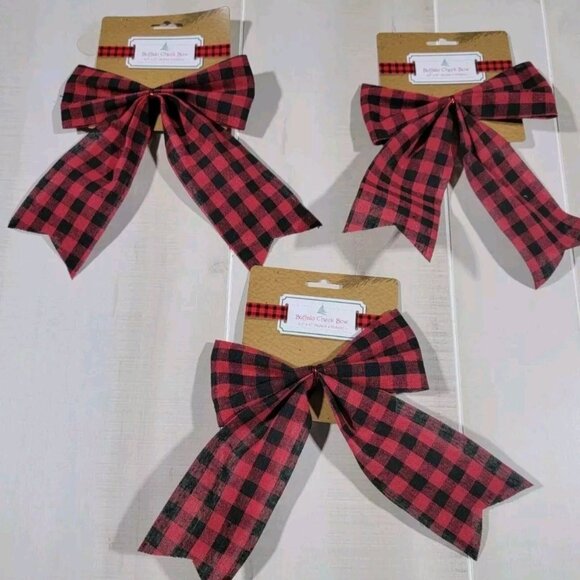 3 Packs ~ Buffalo Check Farmhouse Bows ~ 6.5" x 10" ~ Red & Black ~ 3 Bows - Picture 1 of 3